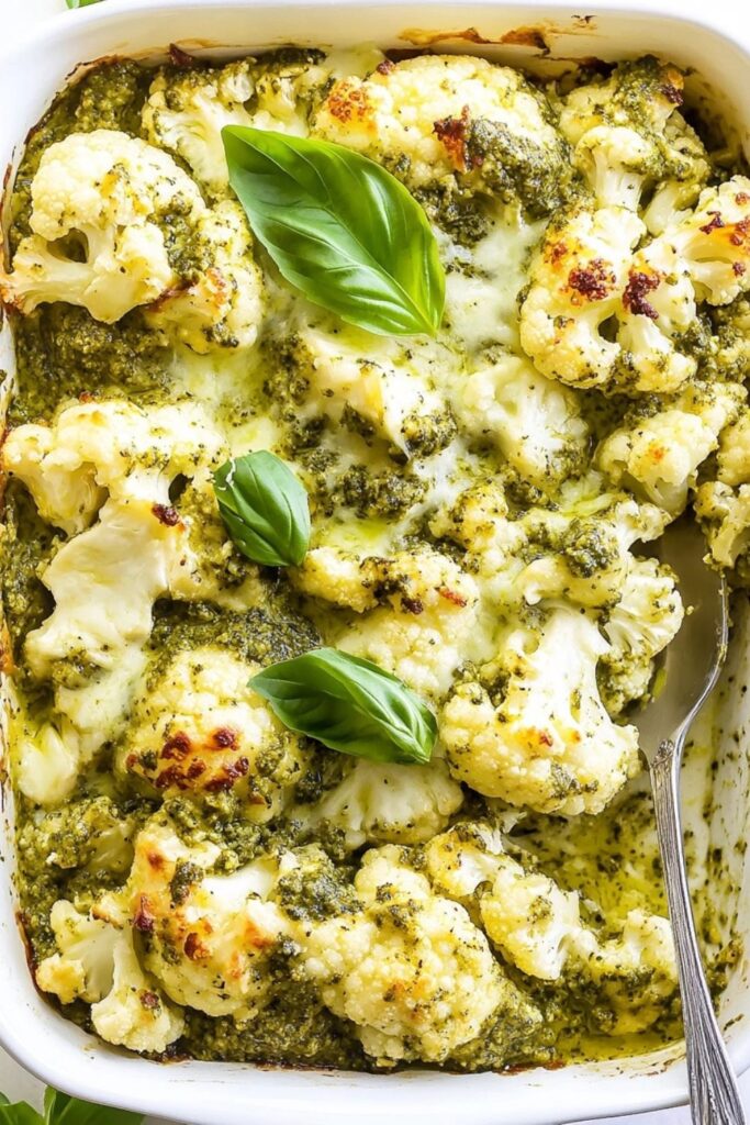 Low Carb Keto Pesto Chicken Cauliflower Casserole