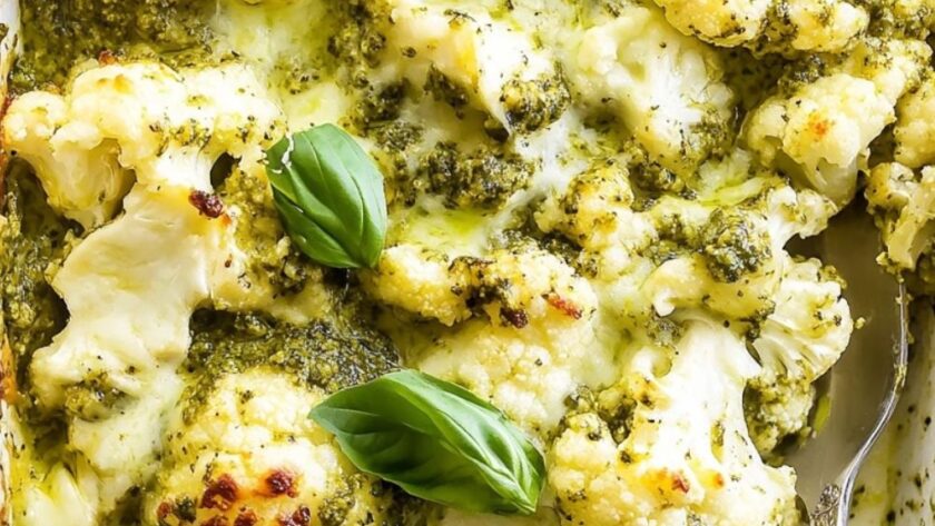 Low Carb Keto Pesto Chicken Cauliflower Casserole