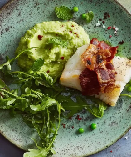 Jamie Oliver Roasted Cod with Pancetta & Pea Mash
