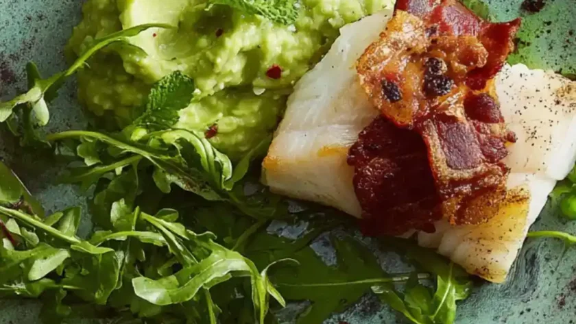 Jamie Oliver Roasted Cod with Pancetta & Pea Mash